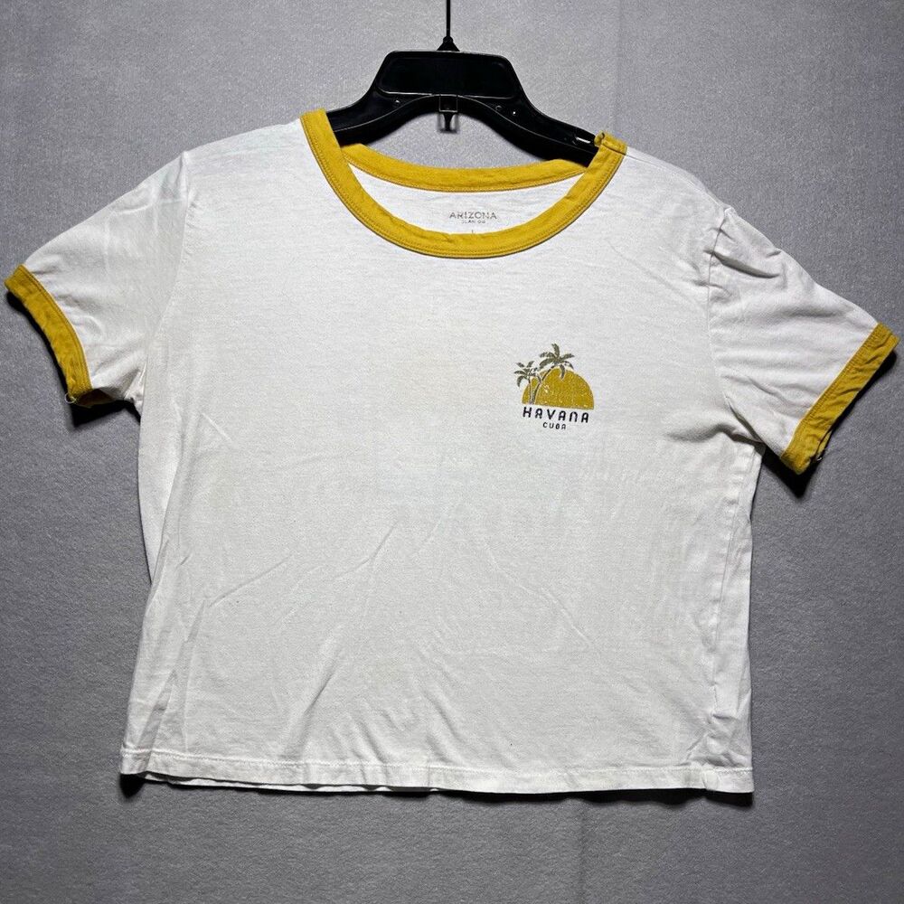 Arizona Jean Co Girls L White/Yellow Ringer Graphic Cotton Crew Tee Havana